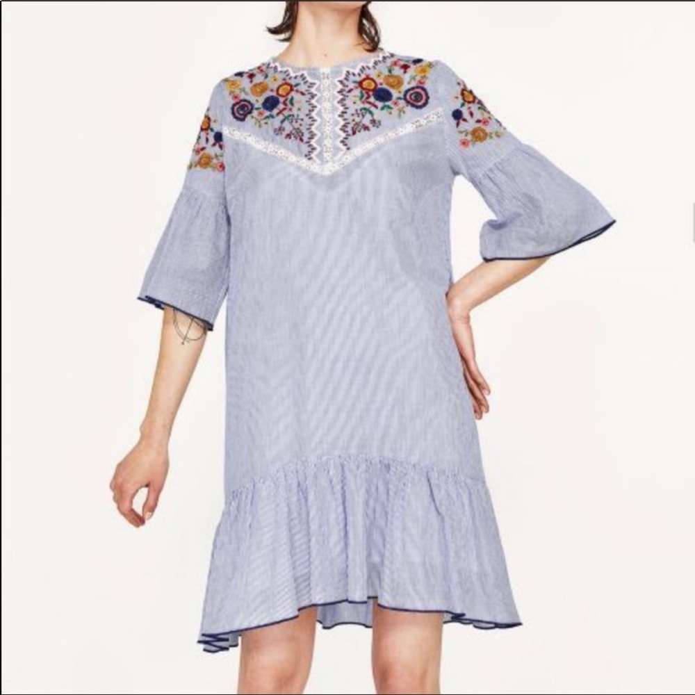 Zara dress embroidered top blue white stripe